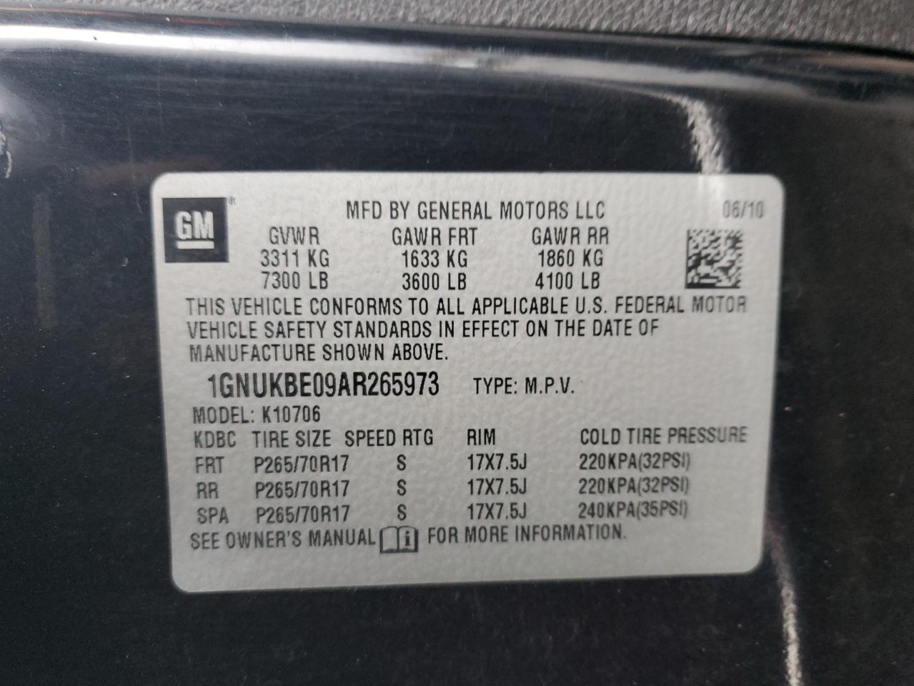 1GNUKBE09AR265973 2010 Chevrolet Tahoe K1500 Lt