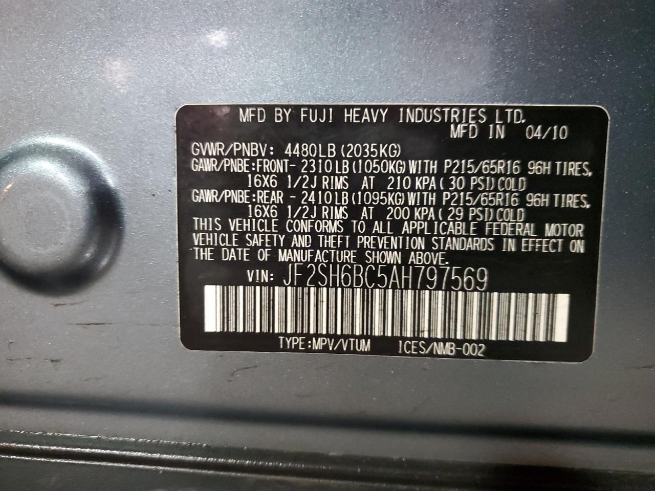 jf2sh6bc5ah797569 JF2SH6BC5AH797569 2010 Subaru Forester Xs