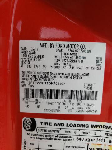 2013 Ford F150 Supercrew VIN: 1FTFW1ET1DKF04407 Lot: 40778724