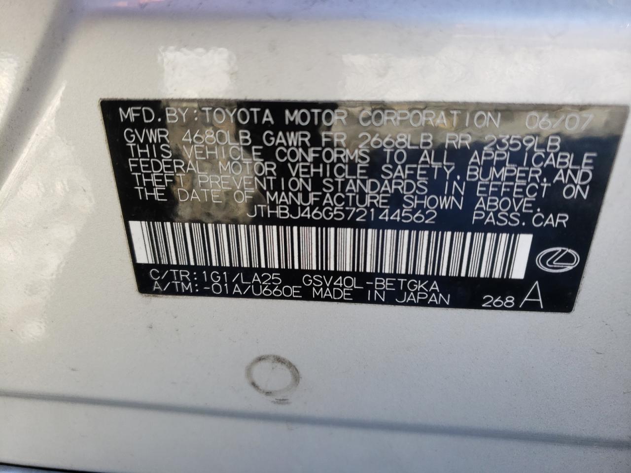 JTHBJ46G572144562 2007 Lexus Es 350