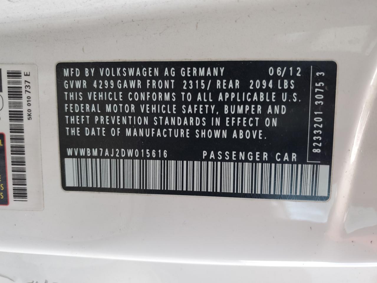 WVWBM7AJ2DW015616 2013 Volkswagen Golf