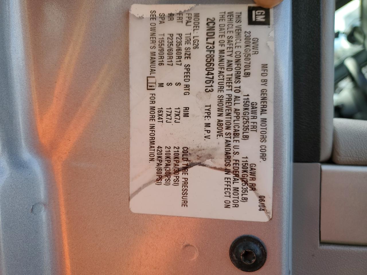 2CNDL73F856047613 2005 Chevrolet Equinox Lt