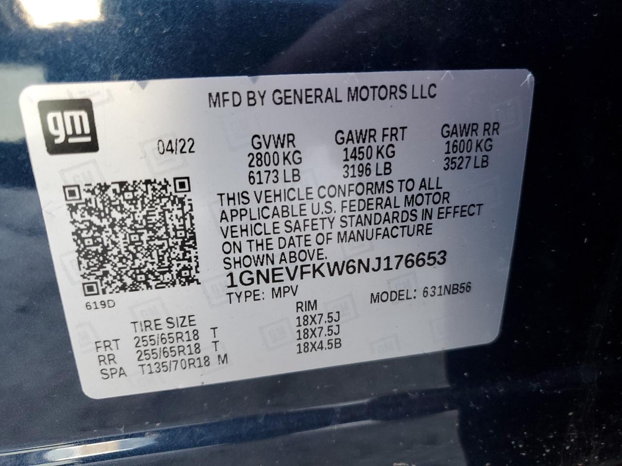 1GNEVFKW6NJ176653 2022 Chevrolet Traverse Ls