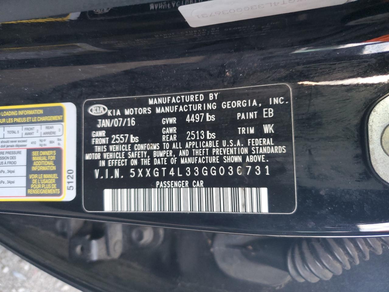 5XXGT4L33GG036731 2016 Kia Optima Lx