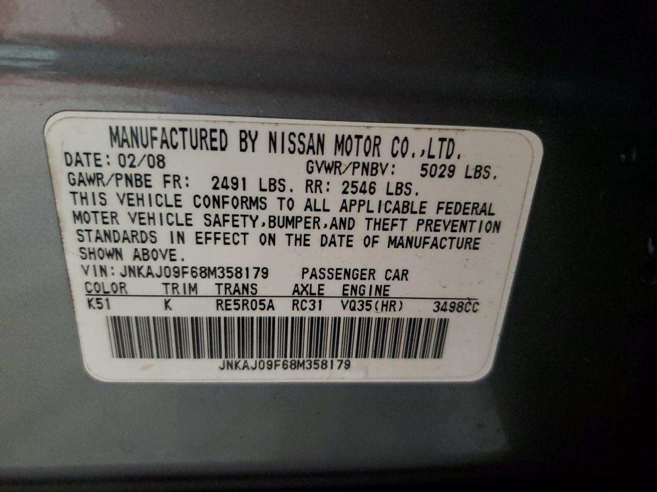 JNKAJ09F68M358179 2008 Infiniti Ex35 Base