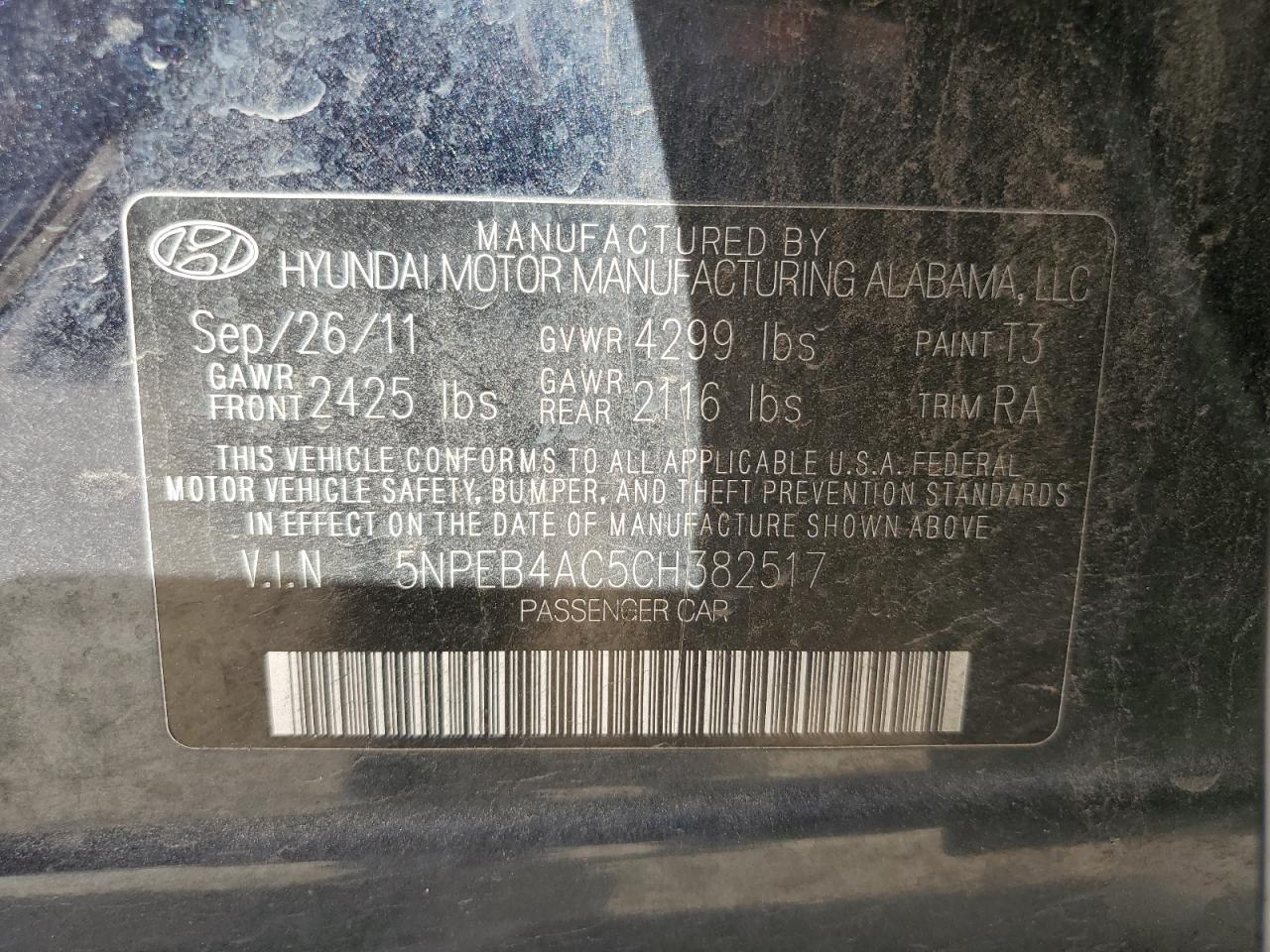 5NPEB4AC5CH382517 2012 Hyundai Sonata Gls