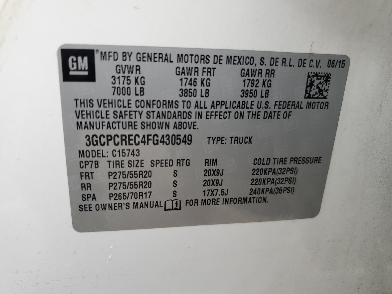 3GCPCREC4FG430549 2015 Chevrolet Silverado C1500 Lt