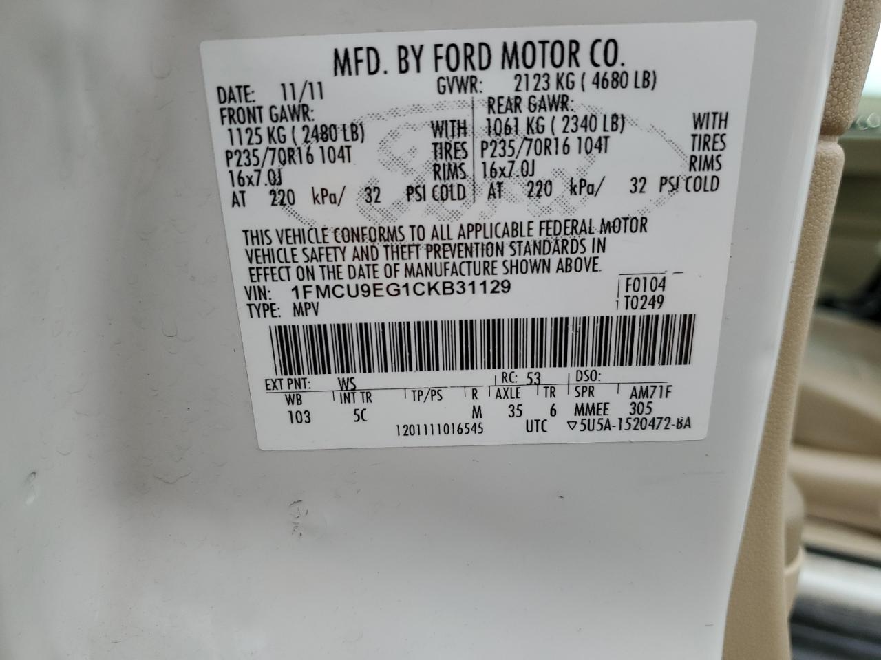 1FMCU9EG1CKB31129 2012 Ford Escape Limited