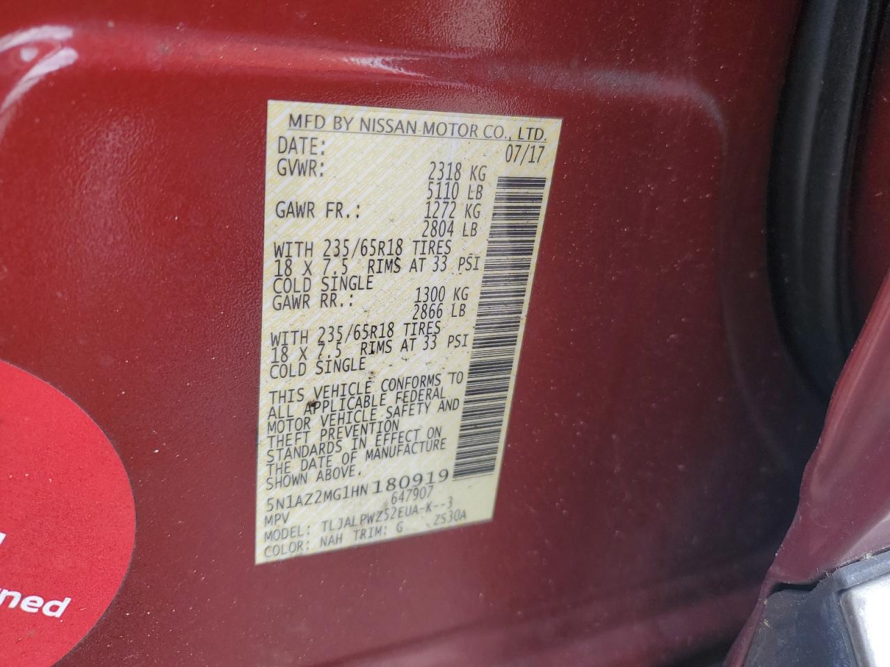 5n1az2mg1hn180919 5N1AZ2MG1HN180919 2017 Nissan Murano S