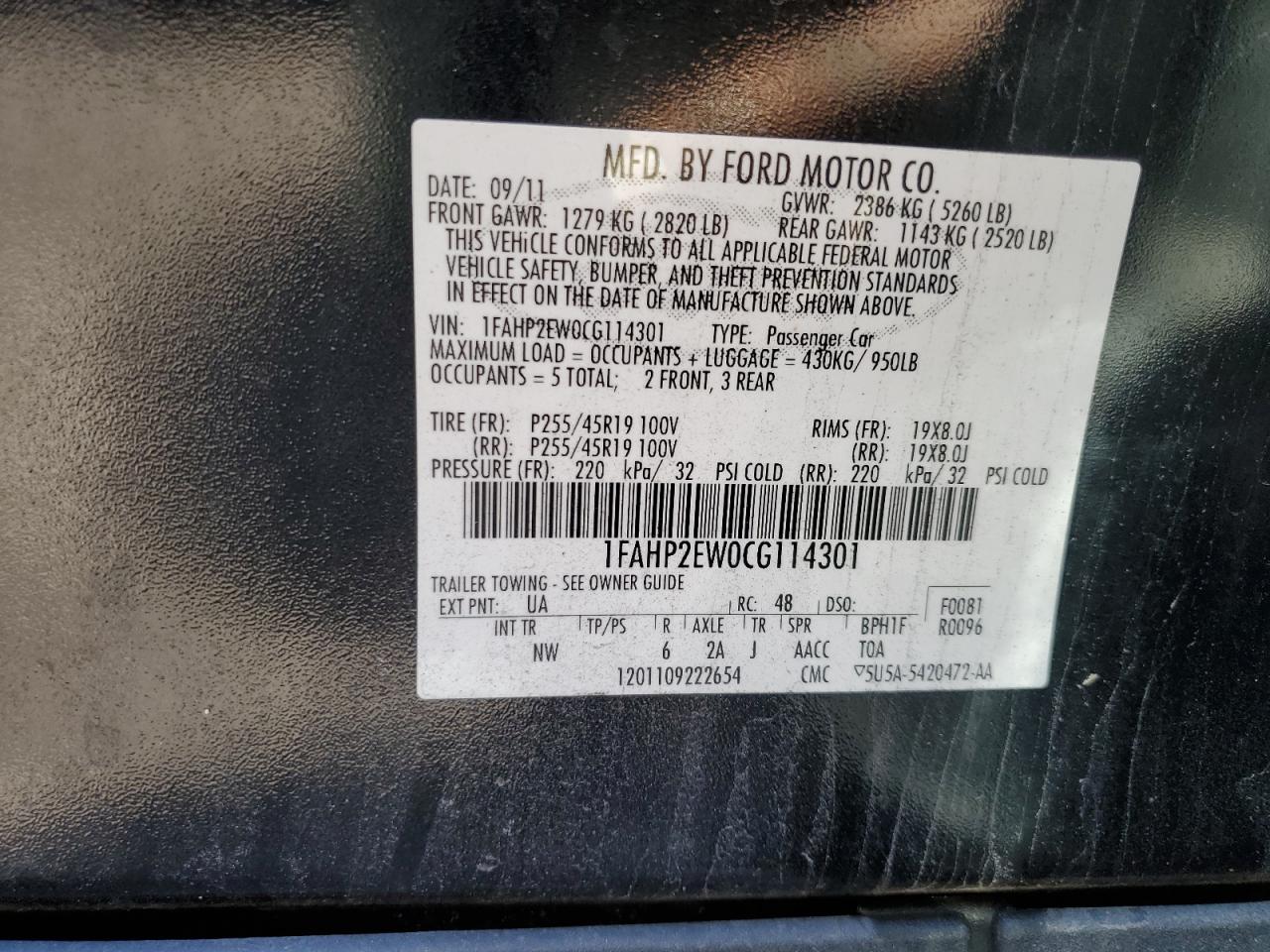 Lot #2909045173 2012 FORD TAURUS SEL