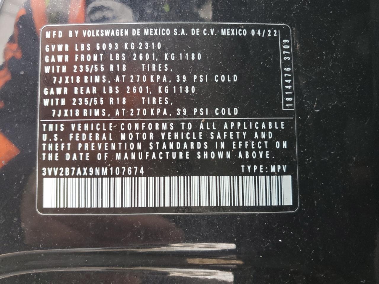 3VV2B7AX9NM107674 2022 Volkswagen Tiguan Se
