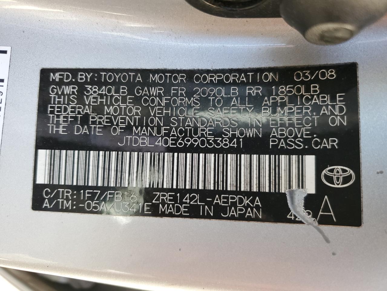 JTDBL40E699033841 2009 Toyota Corolla Base