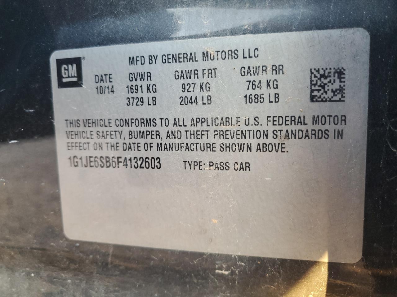 1g1je6sb6f4132603 1G1JE6SB6F4132603 2015 Chevrolet Sonic Ltz