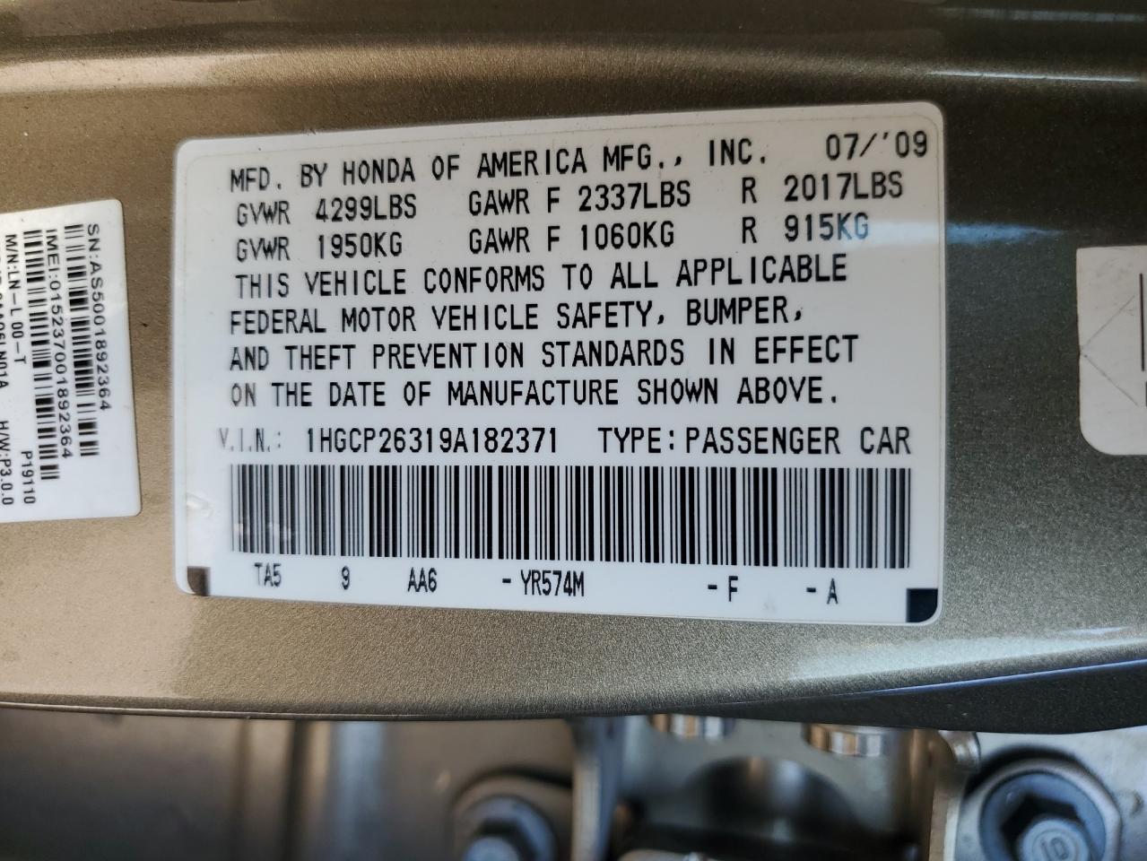 1HGCP26319A182371 2009 Honda Accord Lx