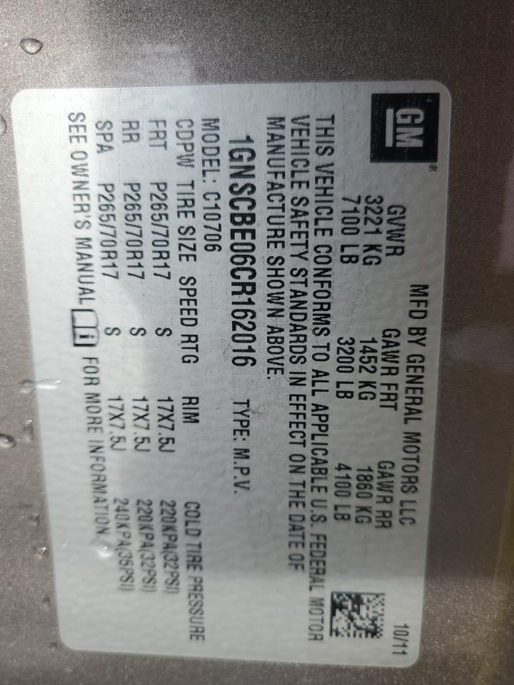 1GNSCBE06CR162016 2012 Chevrolet Tahoe C1500 Lt