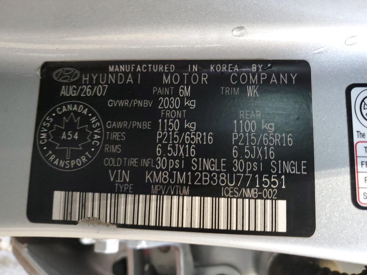 KM8JM12B38U771551 2008 Hyundai Tucson Gls