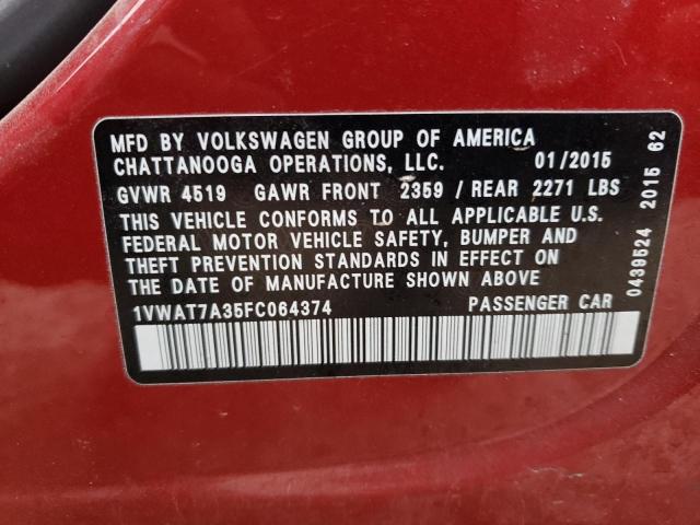 2015 VOLKSWAGEN PASSAT S 1VWAT7A35FC064374