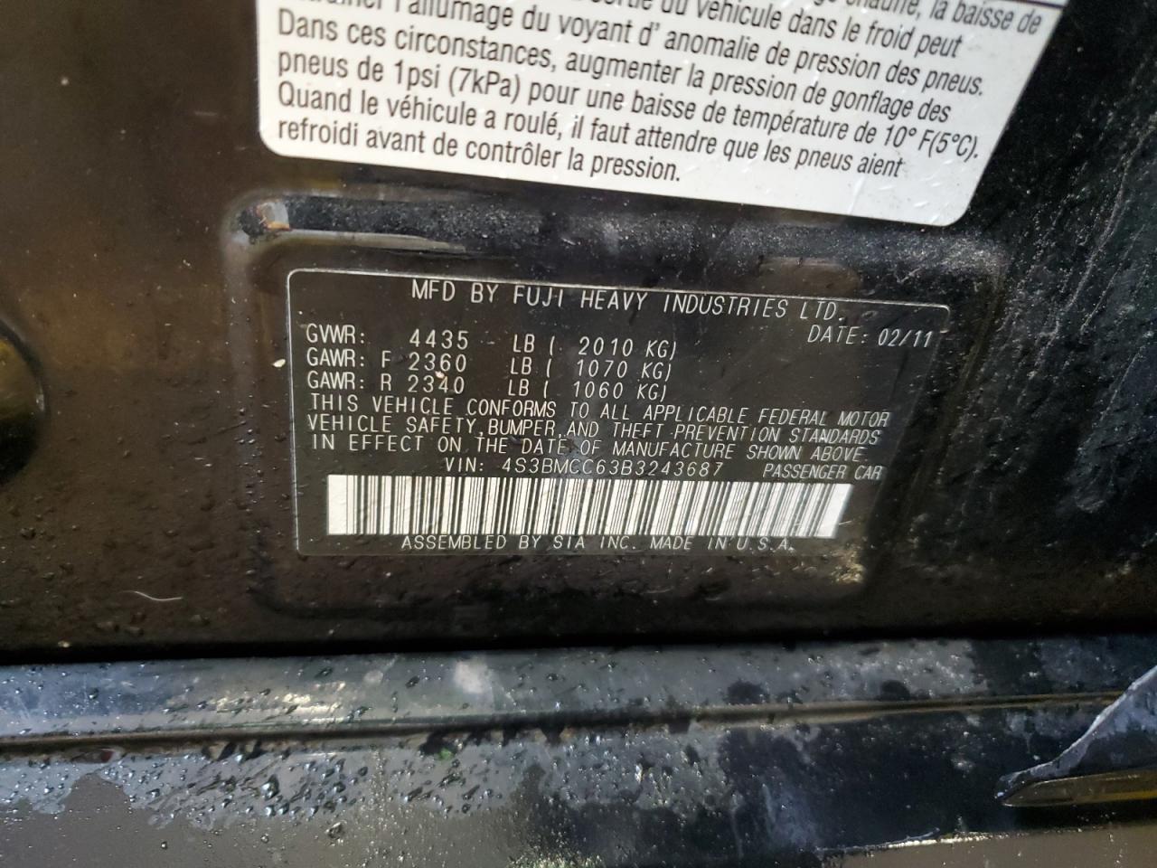 4S3BMCC63B3243687 2011 Subaru Legacy 2.5I Premium