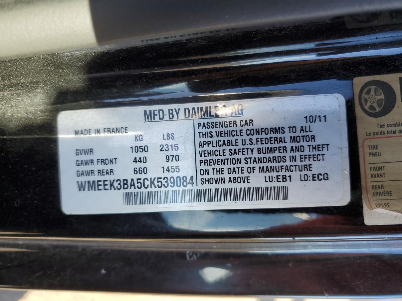 2012 Smart Fortwo Passion vin: WMEEK3BA5CK539084