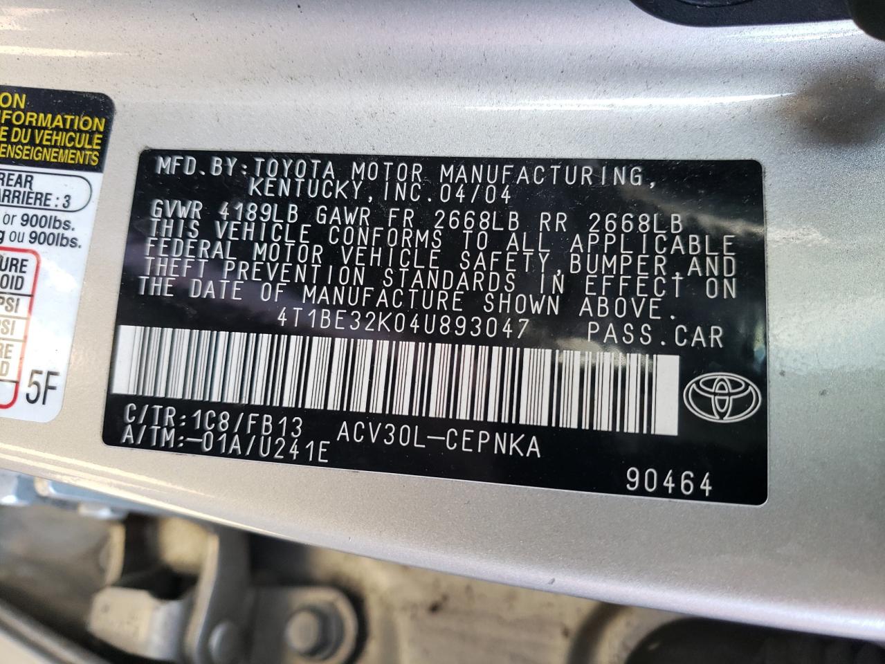 4t1be32k04u893047 4T1BE32K04U893047 2004 Toyota Camry Le