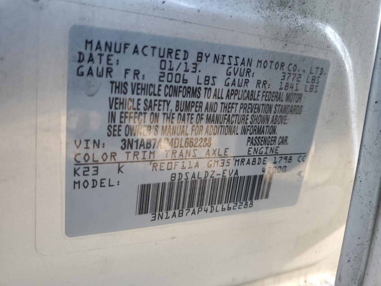 3N1AB7AP4DL662288 2013 Nissan Sentra S