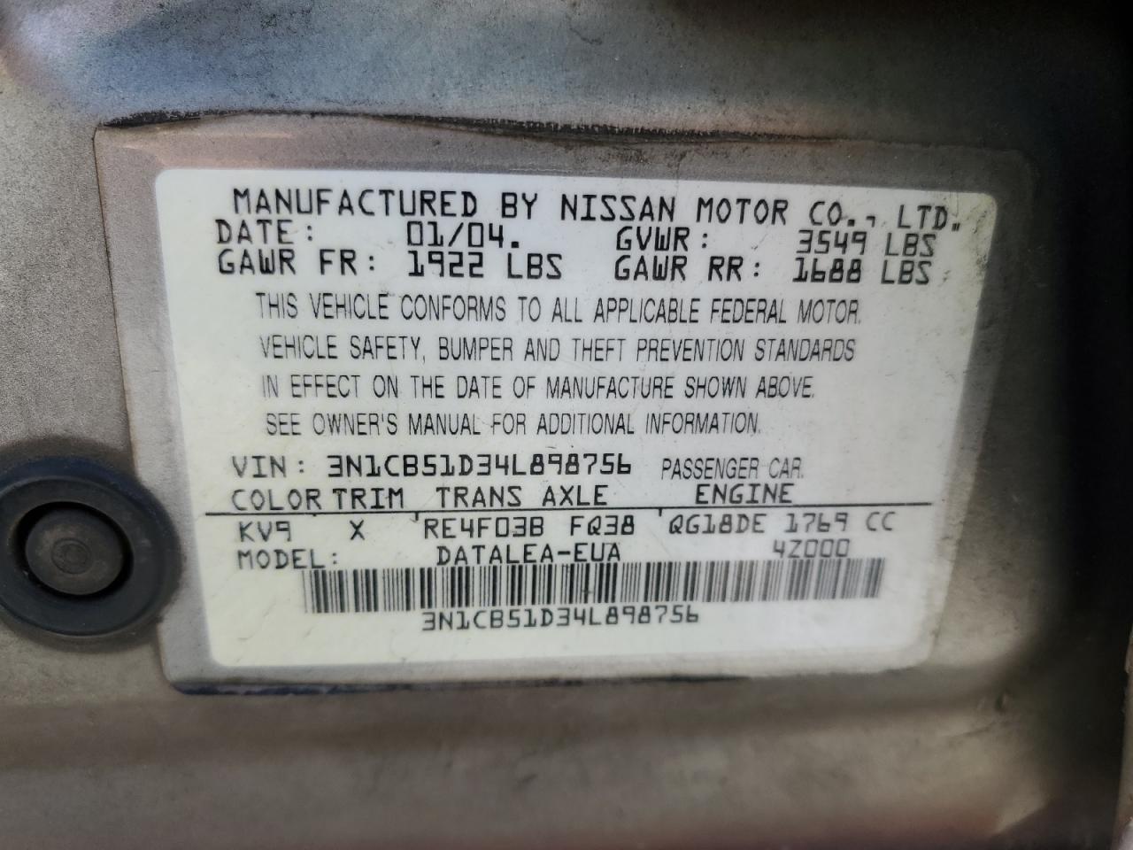 3N1CB51D34L898756 2004 Nissan Sentra 1.8