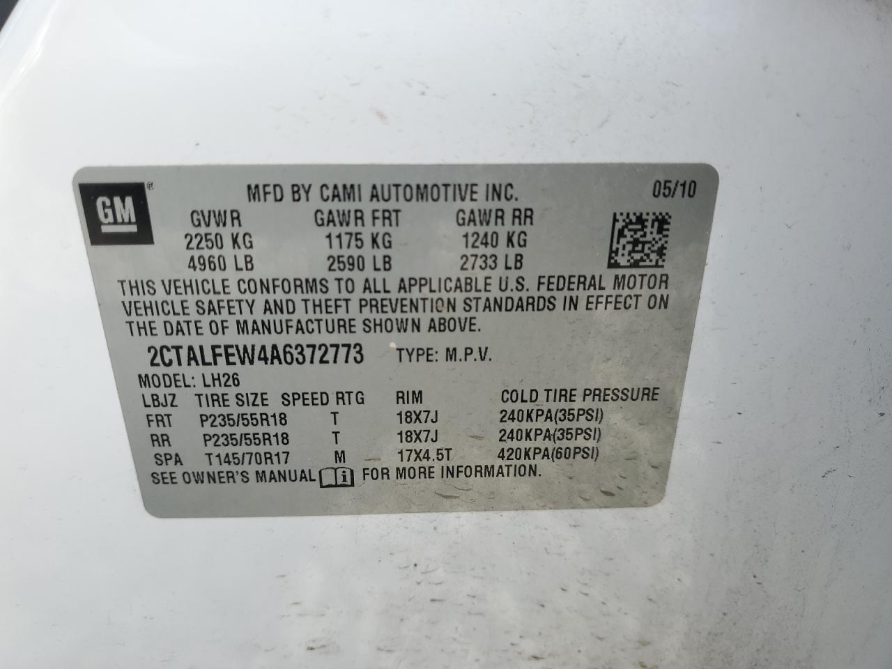 2CTALFEW4A6372773 2010 GMC Terrain Slt