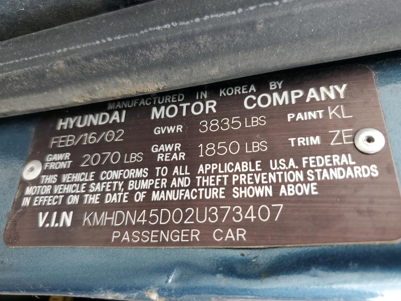 kmhdn45d02u373407 KMHDN45D02U373407 2002 Hyundai Elantra Gls