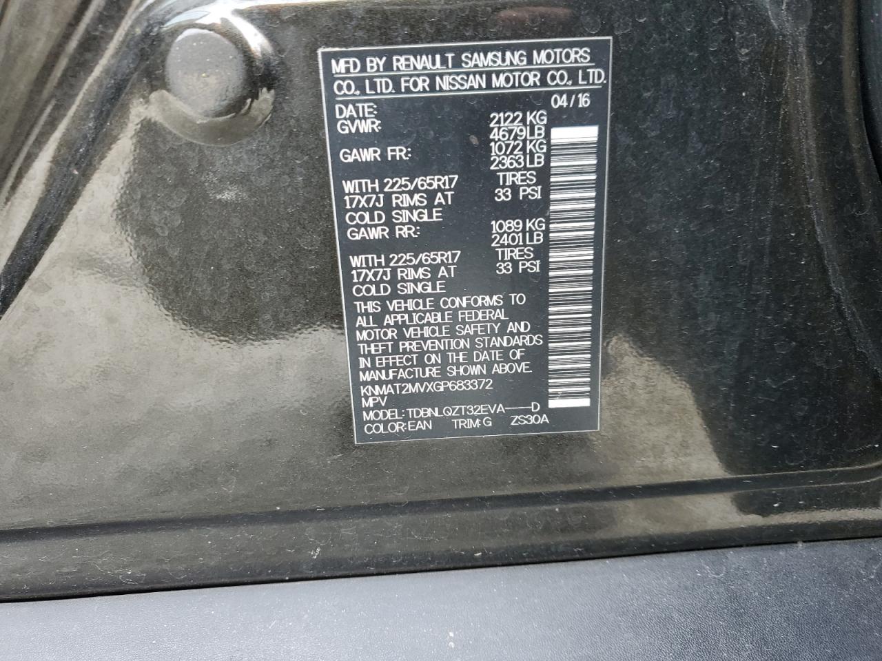 KNMAT2MVXGP683372 2016 Nissan Rogue S