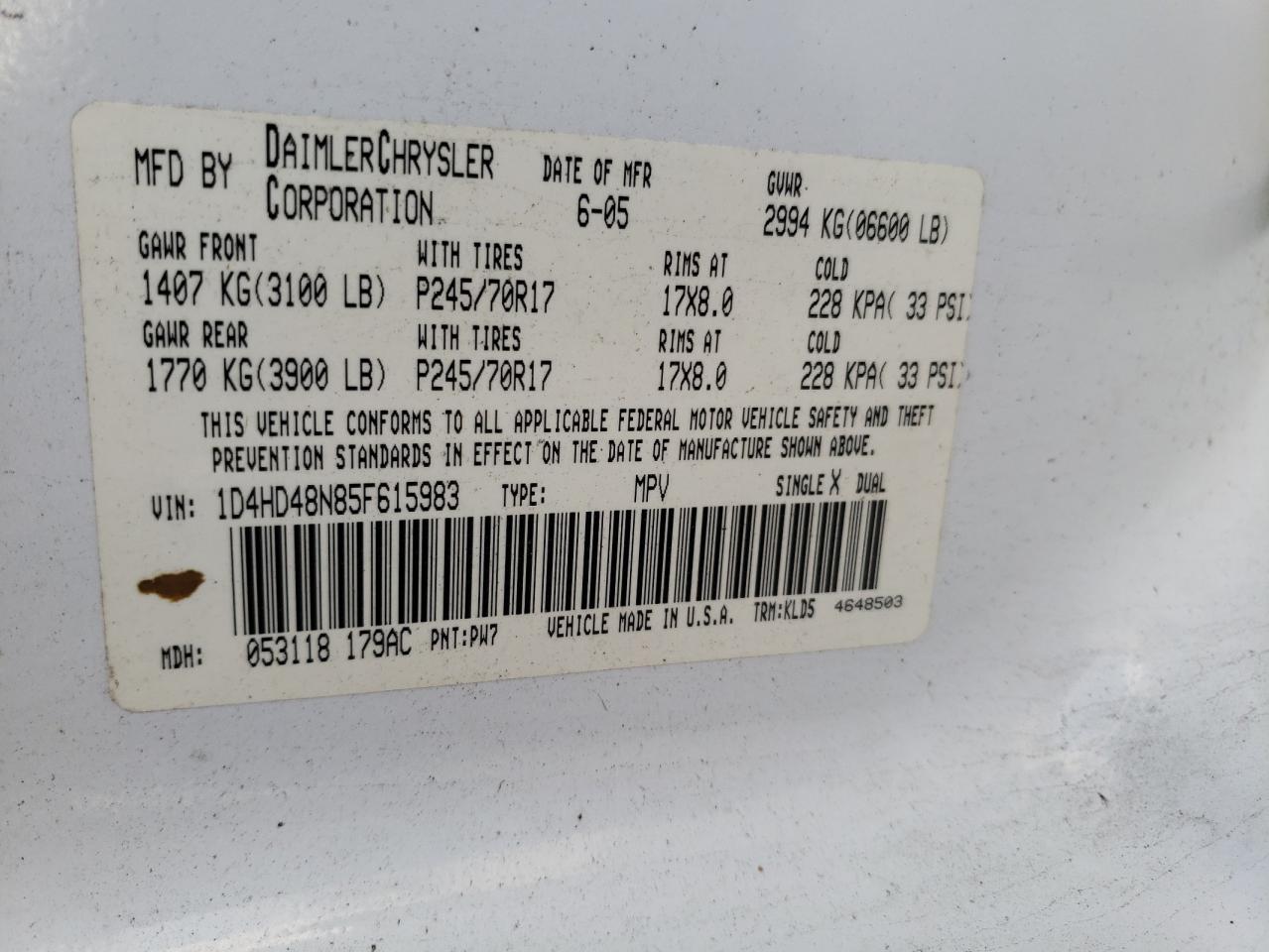 1D4HD48N85F615983 2005 Dodge Durango Slt