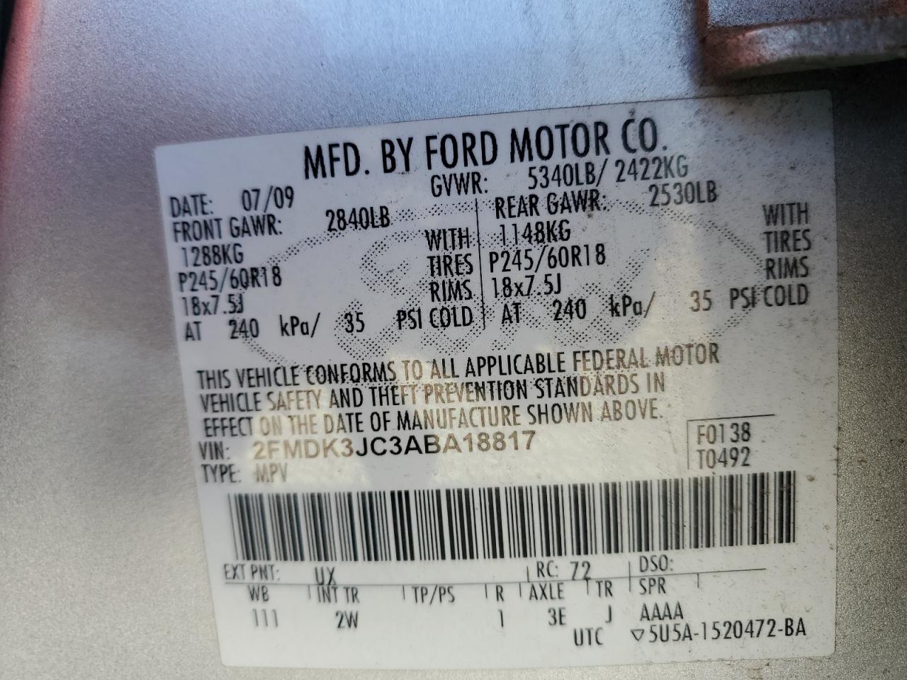 2FMDK3JC3ABA18817 2010 Ford Edge Sel