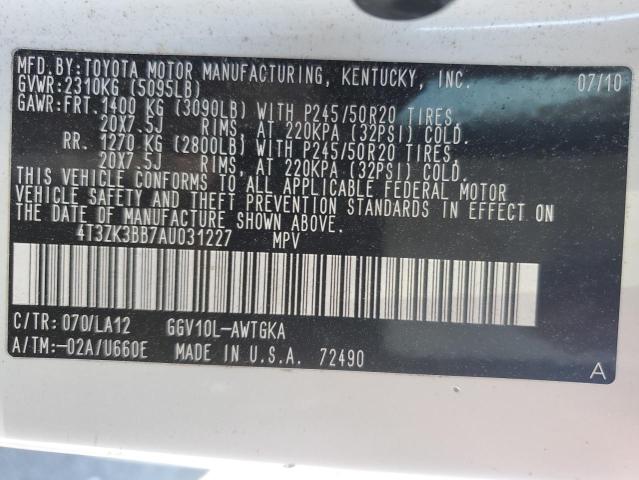 2010 Toyota Venza VIN: 4T3ZK3BB7AU031227 Lot: 43418364