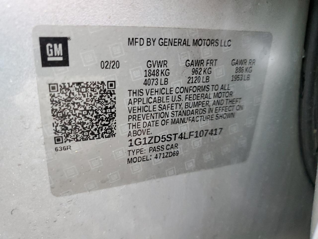 1G1ZD5ST4LF107417 2020 Chevrolet Malibu Lt