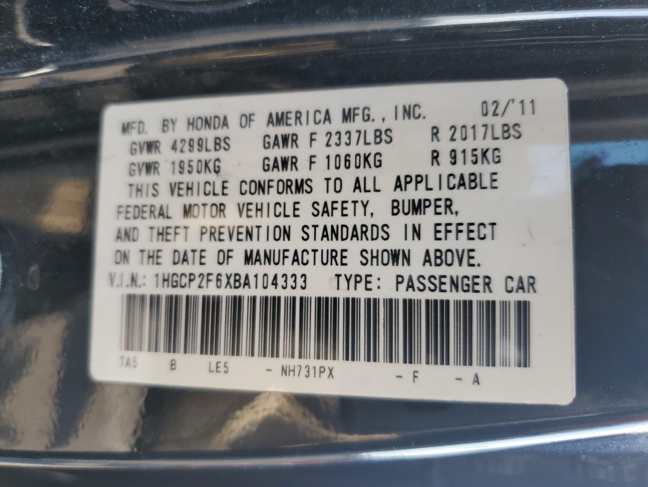 1HGCP2F6XBA104333 2011 Honda Accord Se