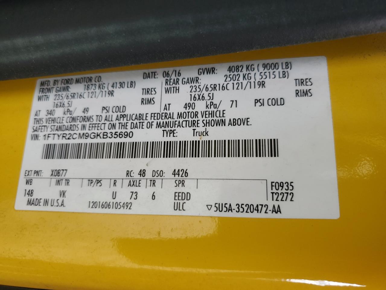 VIN: 1FTYR2CM9GKB35690 2016 FORD TRANSIT
