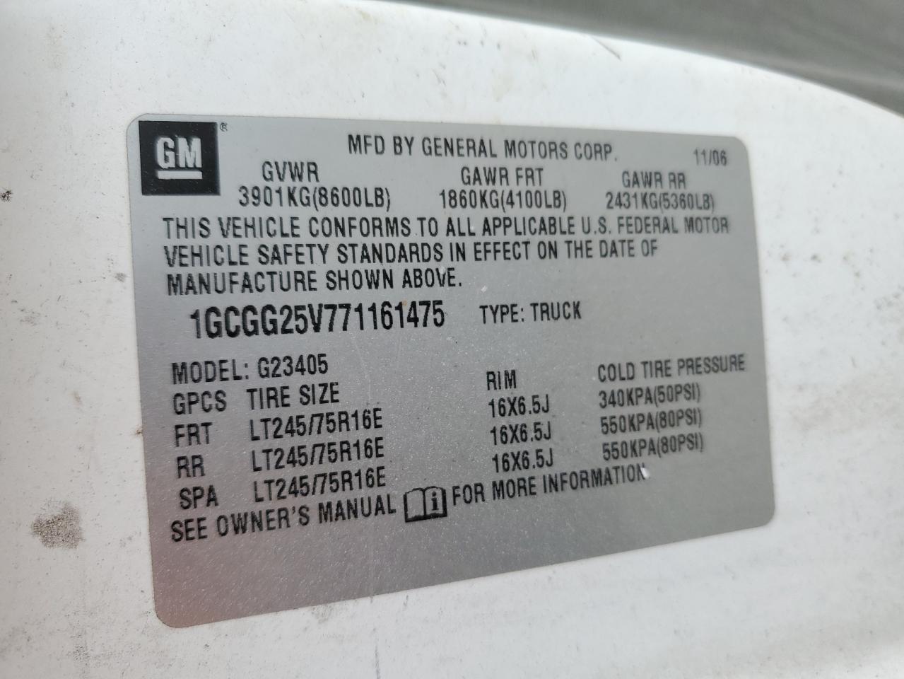 1GCGG25V771161475 2007 Chevrolet Express G2500