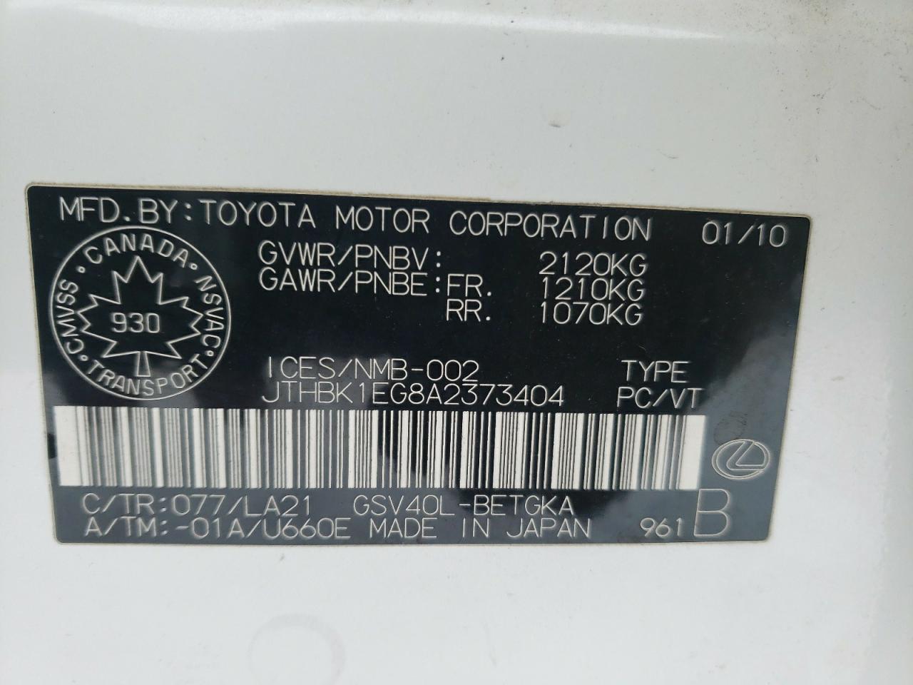 JTHBK1EG8A2373404 2010 Lexus Es 350