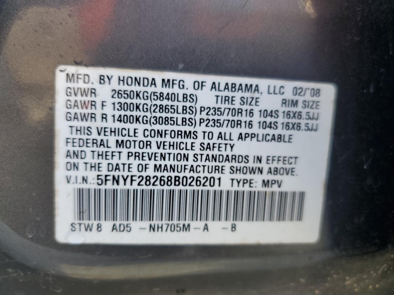 5FNYF28268B026201 2008 Honda Pilot Vp