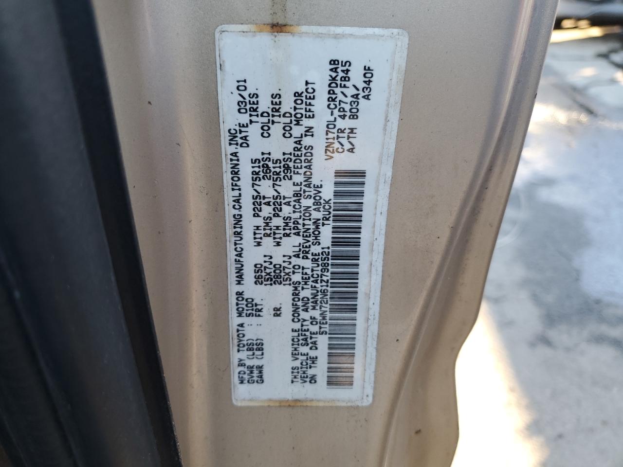 5tewn72n61z798521 5TEWN72N61Z798521 2001 Toyota Tacoma Xtracab