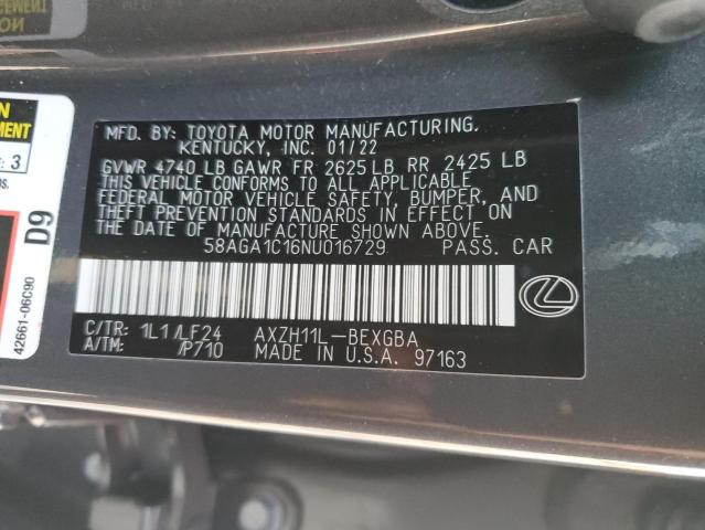 2022 LEXUS ES 300H BA 58AGA1C16NU016729