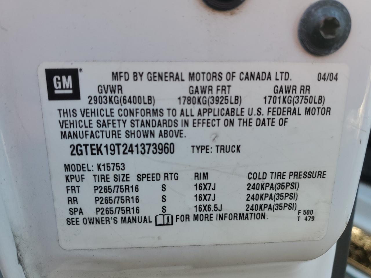 2gtek19t241373960 2GTEK19T241373960 2004 GMC New Sierra K1500