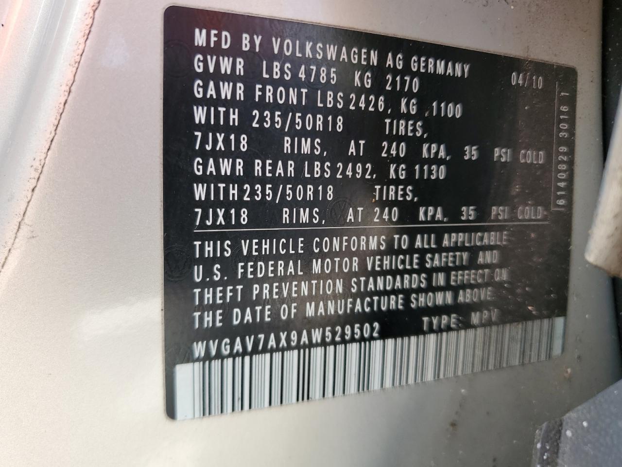 WVGAV7AX9AW529502 2010 Volkswagen Tiguan S