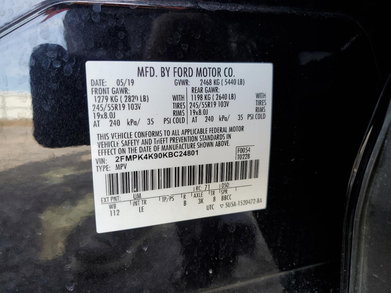 2019 Ford Edge Titan 2.0L(VIN: 2FMPK4K90KBC24801