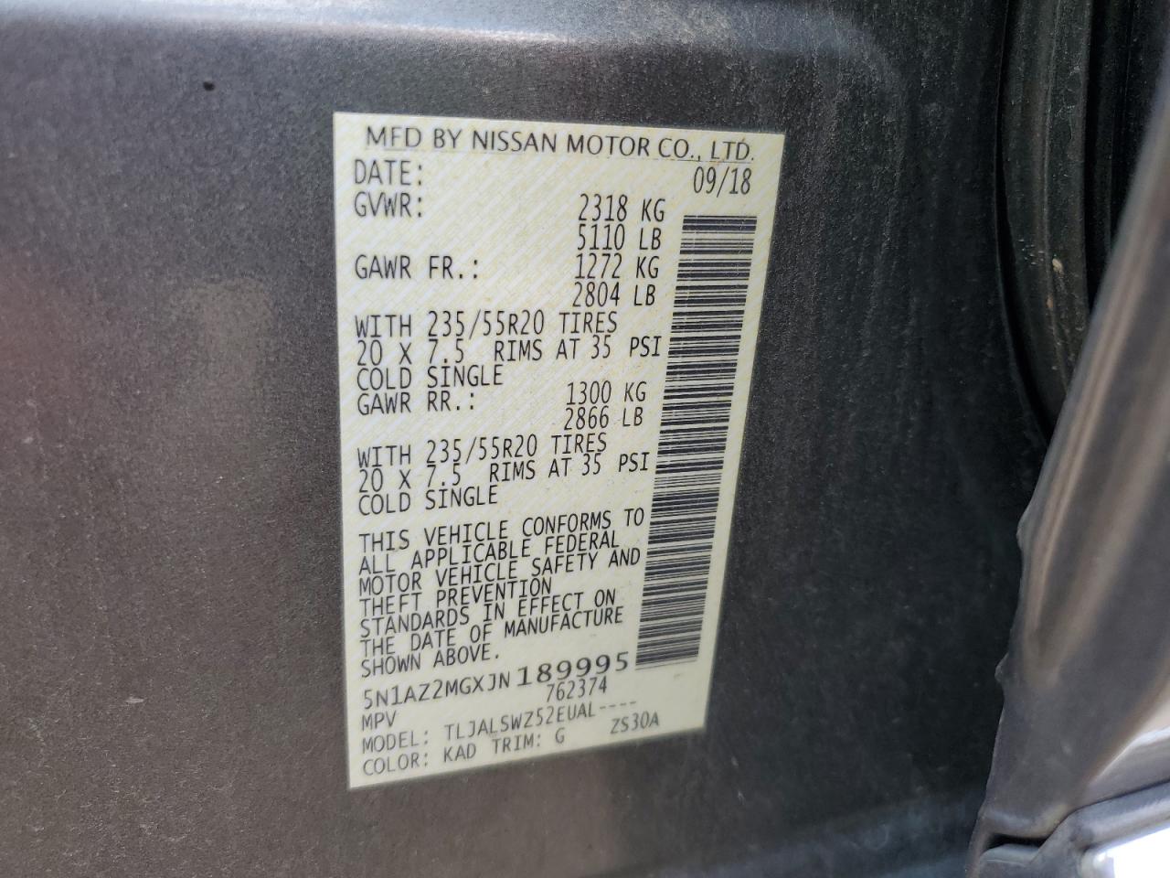 5n1az2mgxjn189995 5N1AZ2MGXJN189995 2018 Nissan Murano S