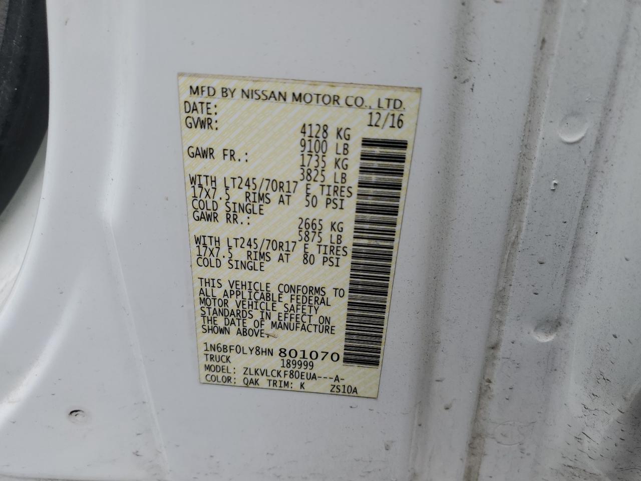 1N6BF0LY8HN801070 2017 Nissan Nv 2500 S