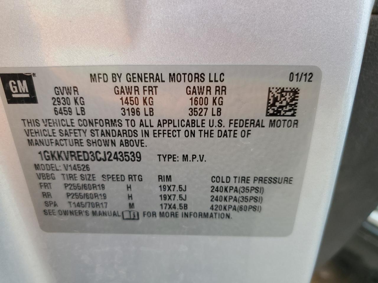 1GKKVRED3CJ243539 2012 GMC Acadia Slt-1