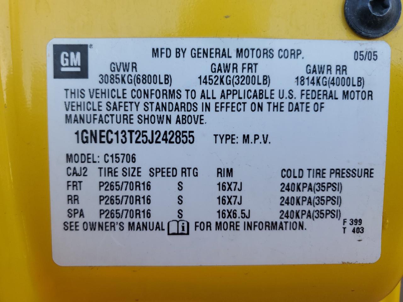1gnec13t25j242855 1GNEC13T25J242855 2005 Chevrolet Tahoe C1500