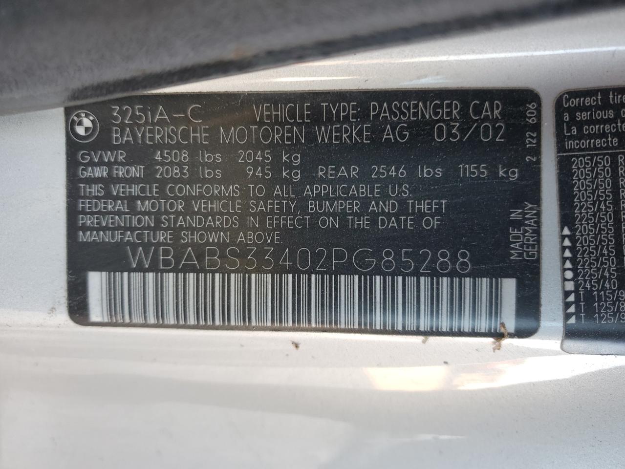 WBABS33402PG85288 2002 BMW 325 Ci