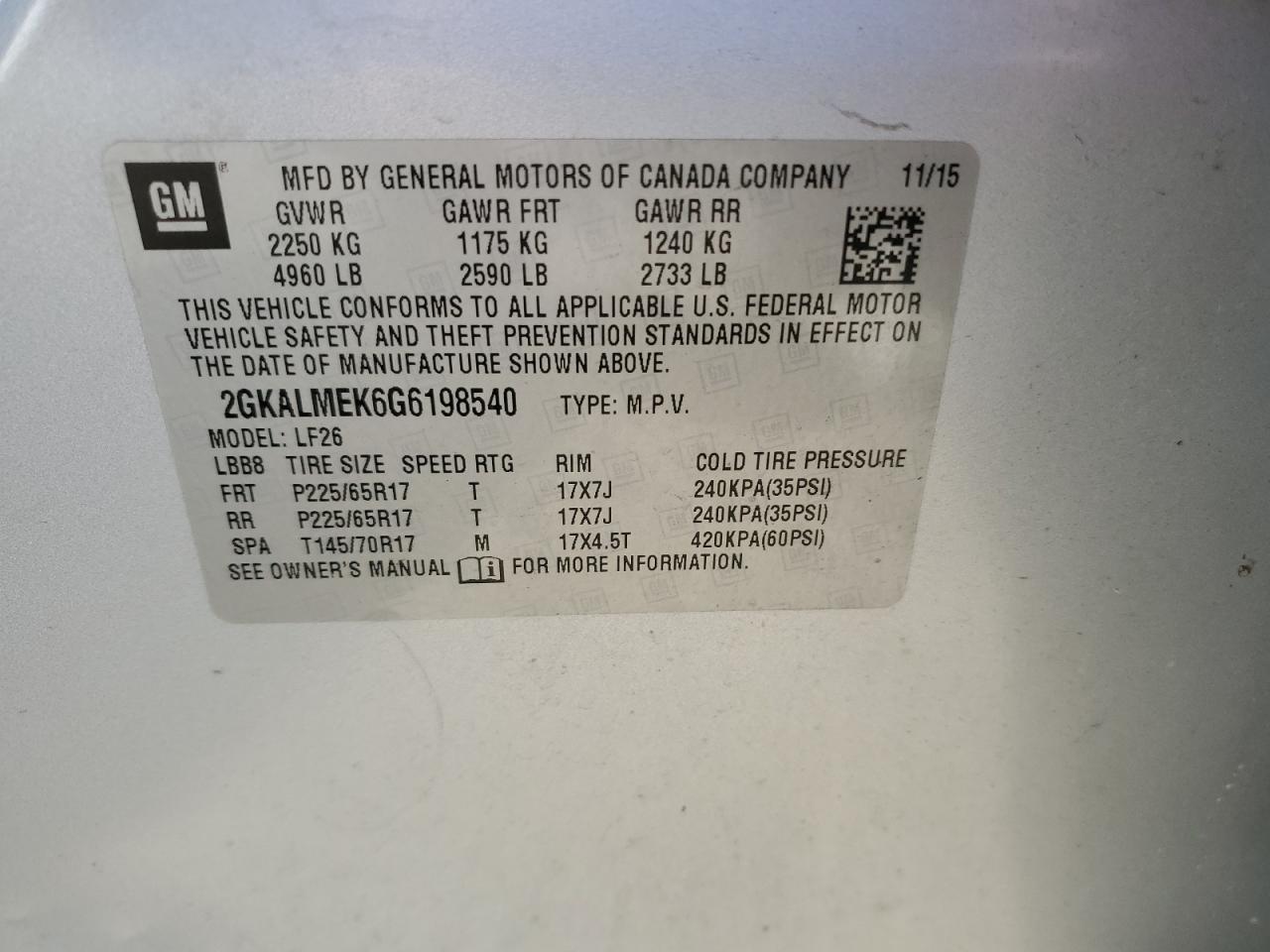 2GKALMEK6G6198540 2016 GMC Terrain Sle