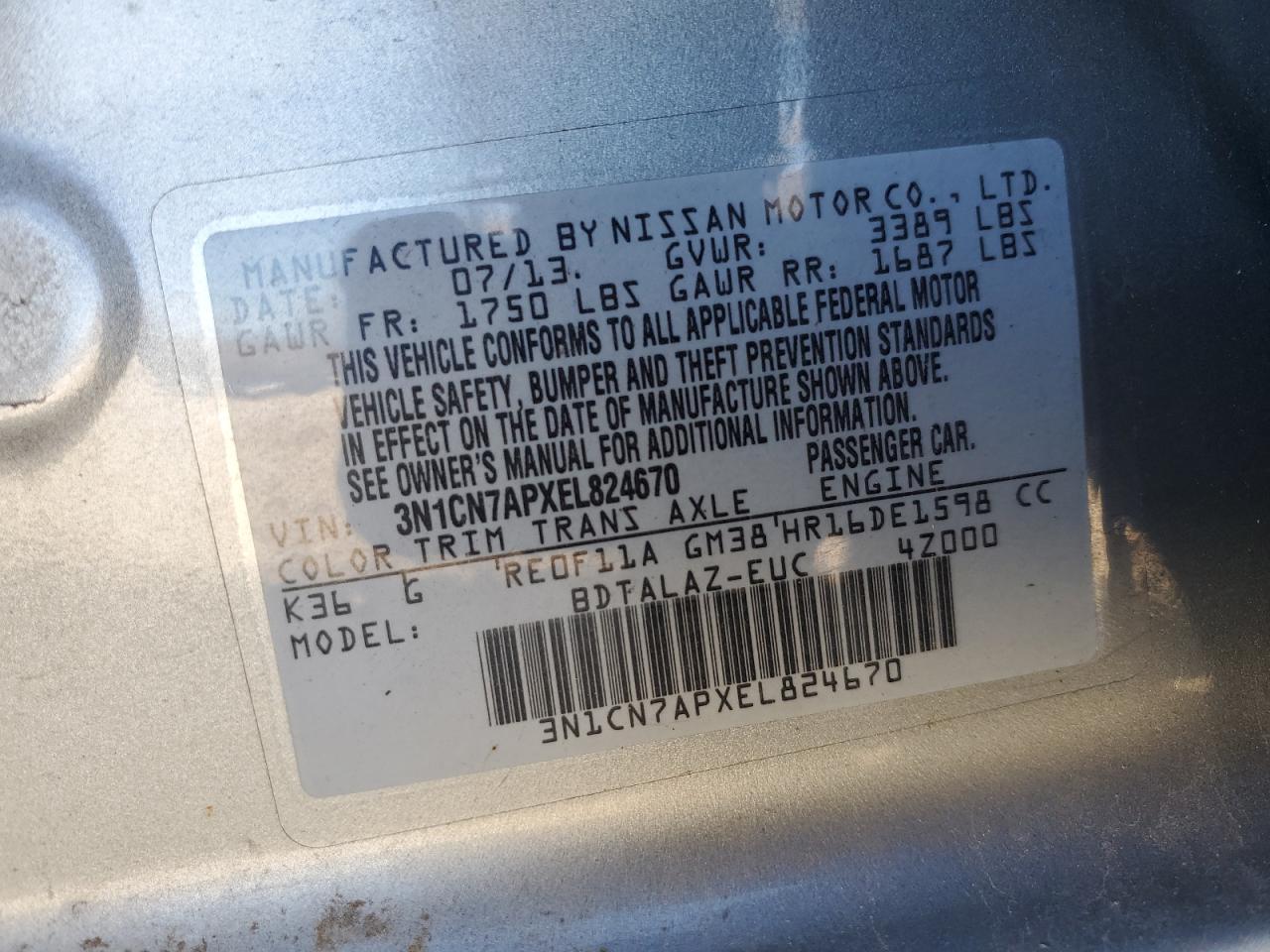 3N1CN7APXEL824670 2014 Nissan Versa S